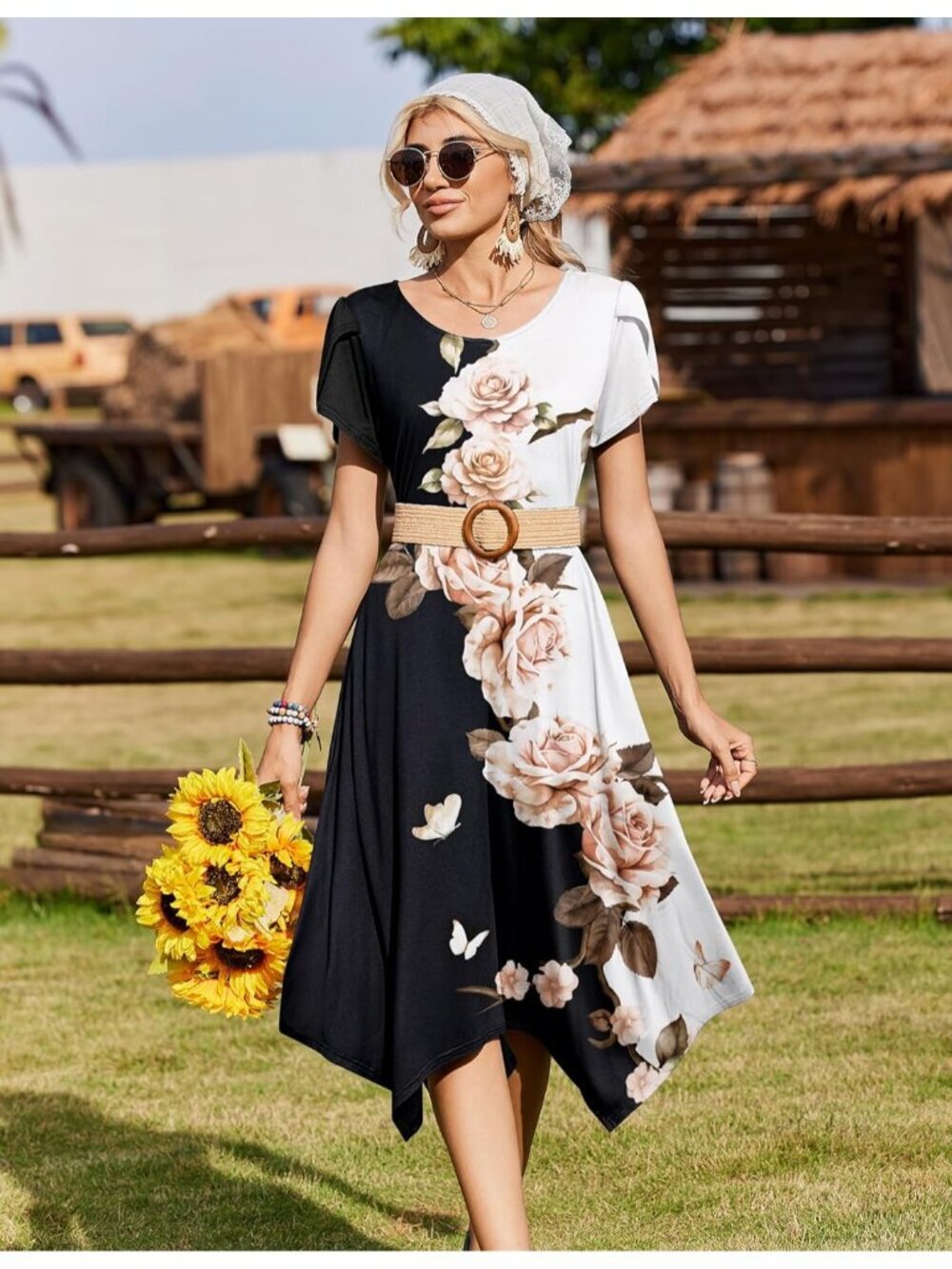 Women Summer Casual Midi Dress Short Sleeve Pockets Loose Flowy Beach Sundress - Picture 2 of 6
